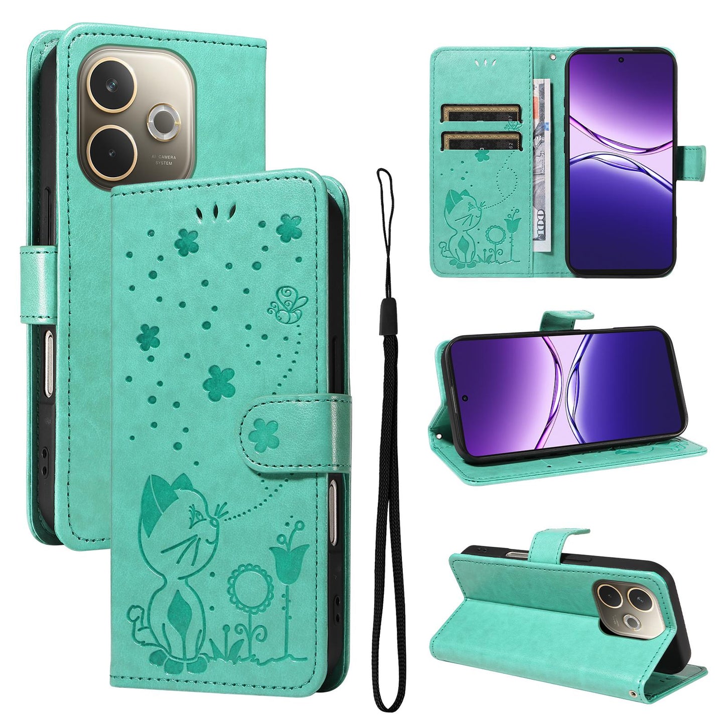 For OPPO A5 Pro 5G Cat and Bee Embossed Flip Leather Phone Case Wallet Cover with Card Slots Cash Pocket Magnetic Stand Protective Shockproof TPU PU Leather Case with Wrist Strap