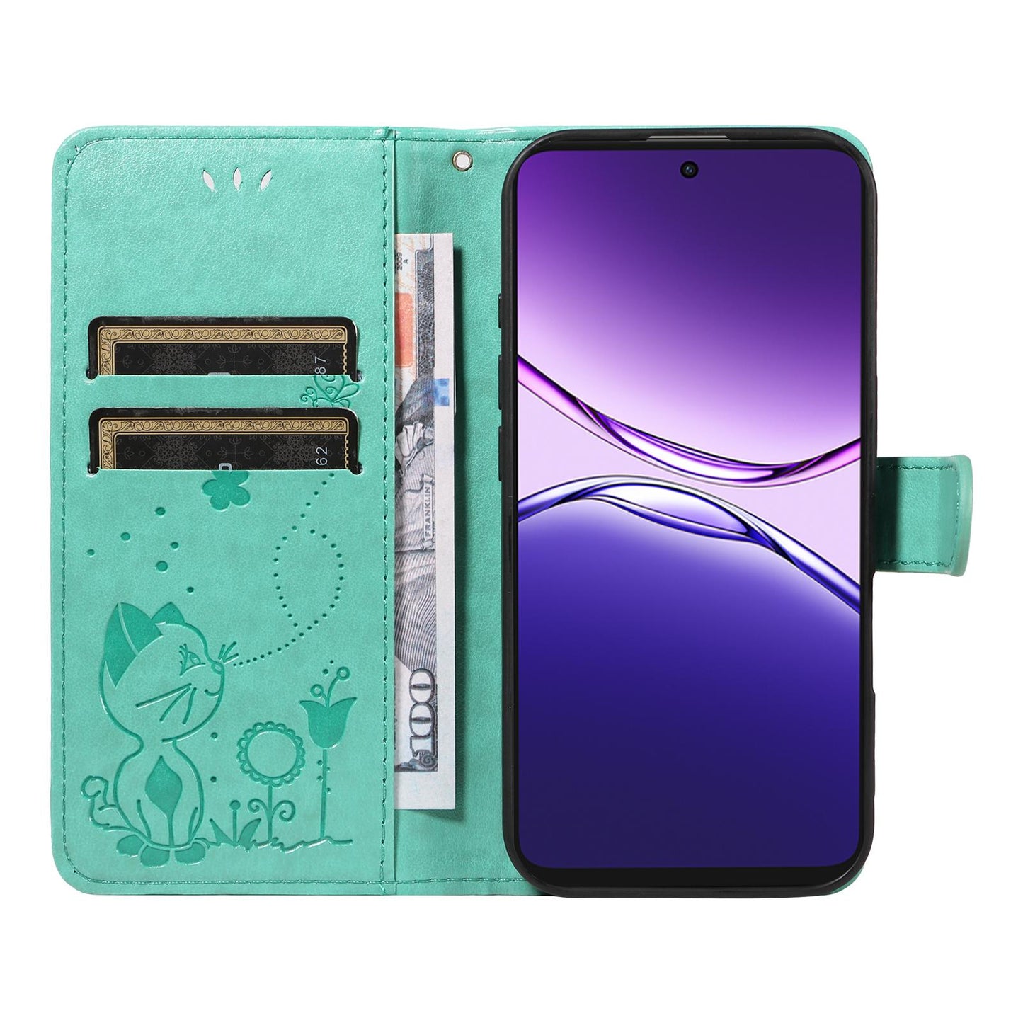 For OPPO A5 Pro 5G Cat and Bee Embossed Flip Leather Phone Case Wallet Cover with Card Slots Cash Pocket Magnetic Stand Protective Shockproof TPU PU Leather Case with Wrist Strap