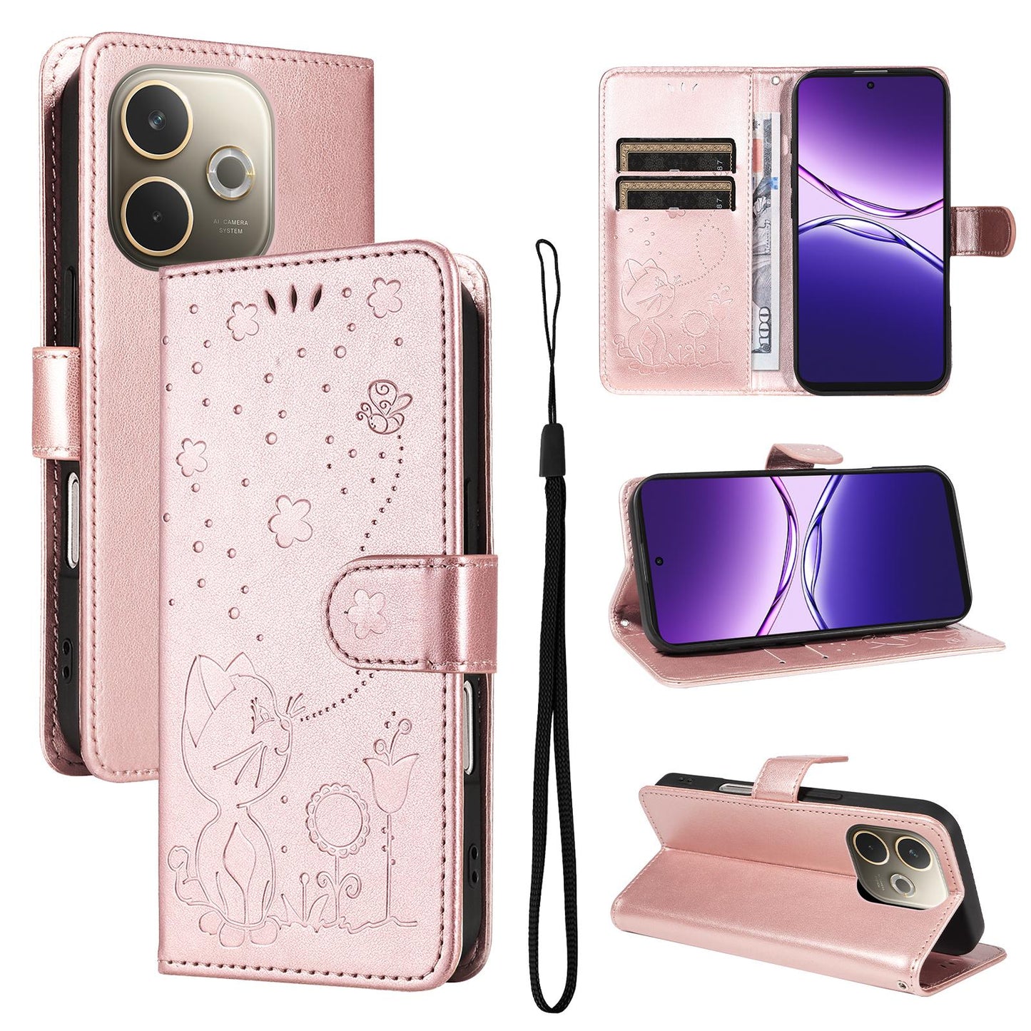For OPPO A5 Pro 5G Cat and Bee Embossed Flip Leather Phone Case Wallet Cover with Card Slots Cash Pocket Magnetic Stand Protective Shockproof TPU PU Leather Case with Wrist Strap