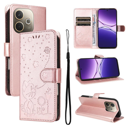 For OPPO A5 Pro 5G Cat and Bee Embossed Flip Leather Phone Case Wallet Cover with Card Slots Cash Pocket Magnetic Stand Protective Shockproof TPU PU Leather Case with Wrist Strap