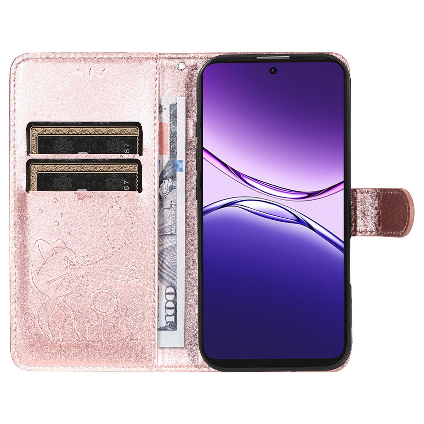 For OPPO A5 Pro 5G Cat and Bee Embossed Flip Leather Phone Case Wallet Cover with Card Slots Cash Pocket Magnetic Stand Protective Shockproof TPU PU Leather Case with Wrist Strap