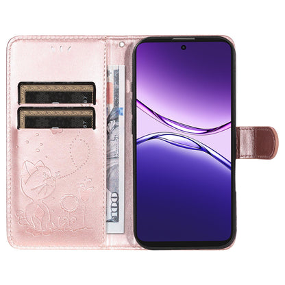 For OPPO A5 Pro 5G Cat and Bee Embossed Flip Leather Phone Case Wallet Cover with Card Slots Cash Pocket Magnetic Stand Protective Shockproof TPU PU Leather Case with Wrist Strap