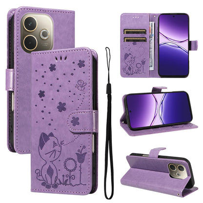 For OPPO A5 Pro 5G Cat and Bee Embossed Flip Leather Phone Case Wallet Cover with Card Slots Cash Pocket Magnetic Stand Protective Shockproof TPU PU Leather Case with Wrist Strap