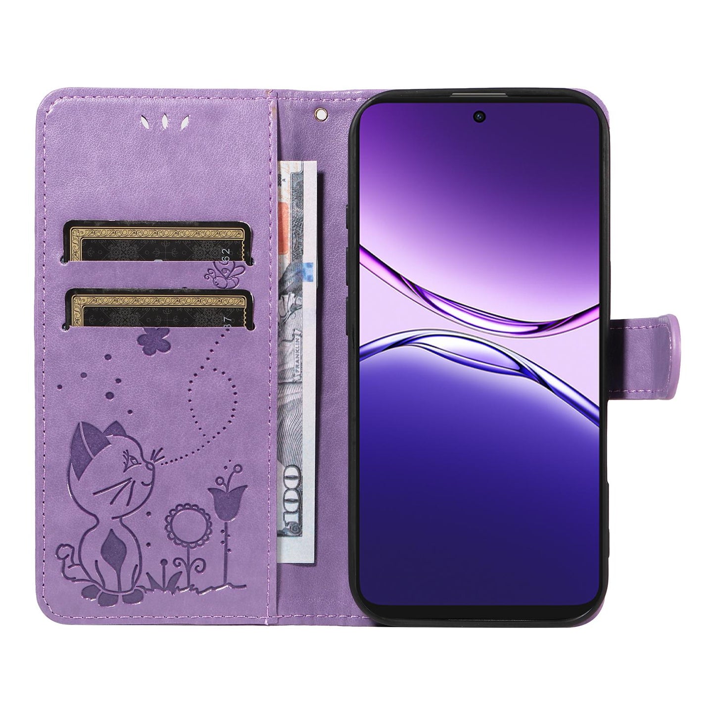 For OPPO A5 Pro 5G Cat and Bee Embossed Flip Leather Phone Case Wallet Cover with Card Slots Cash Pocket Magnetic Stand Protective Shockproof TPU PU Leather Case with Wrist Strap