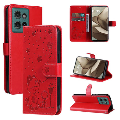 For OPPO A60 5G Cat and Bee Embossed Flip Leather Phone Case Wallet Cover with Card Slots Cash Pocket Magnetic Stand Protective Shockproof TPU PU Leather Case with Wrist Strap