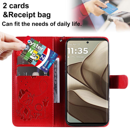 For OPPO A60 5G Cat and Bee Embossed Flip Leather Phone Case Wallet Cover with Card Slots Cash Pocket Magnetic Stand Protective Shockproof TPU PU Leather Case with Wrist Strap