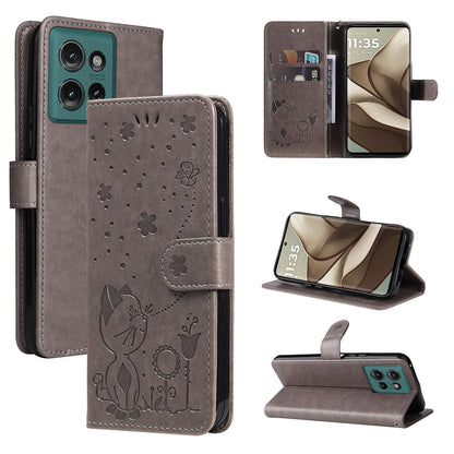 For OPPO A60 5G Cat and Bee Embossed Flip Leather Phone Case Wallet Cover with Card Slots Cash Pocket Magnetic Stand Protective Shockproof TPU PU Leather Case with Wrist Strap