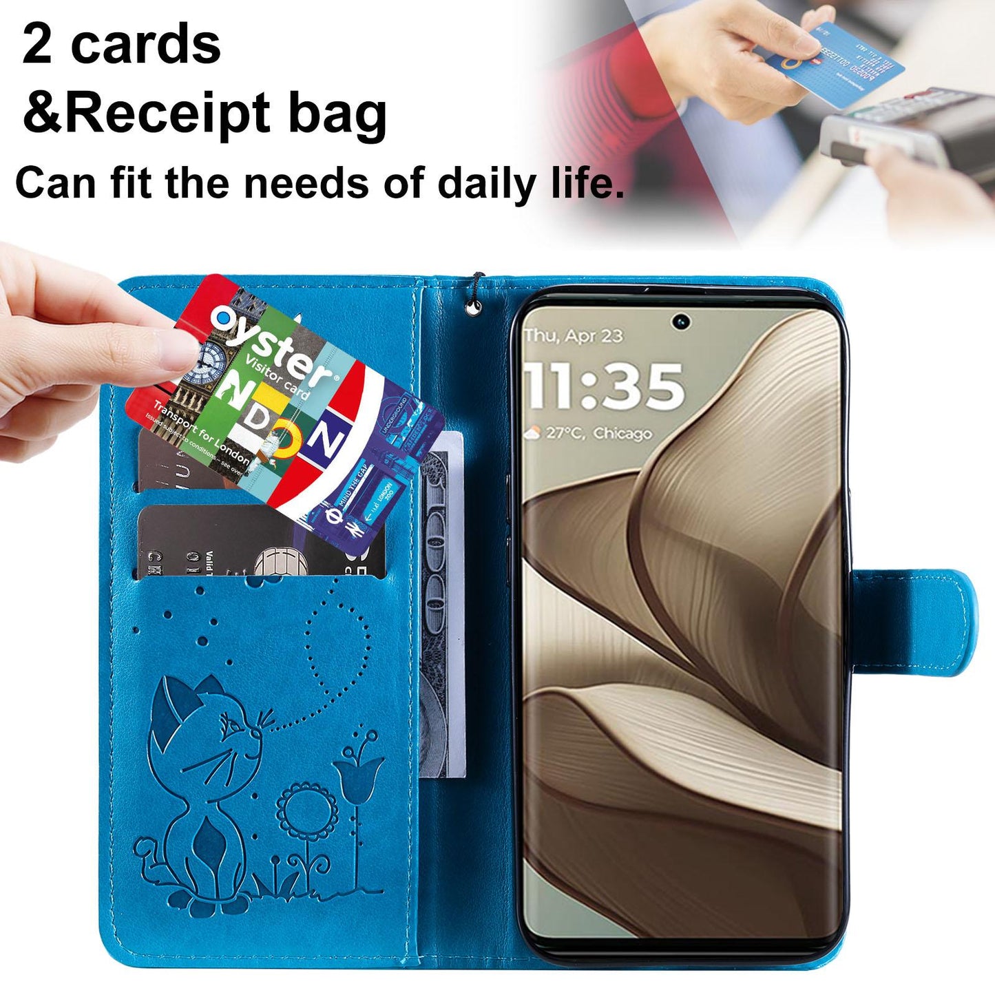 For OPPO A40 4G Cat and Bee Embossed Flip Leather Phone Case Wallet Cover with Card Slots Cash Pocket Magnetic Stand Protective Shockproof TPU PU Leather Case with Wrist Strap