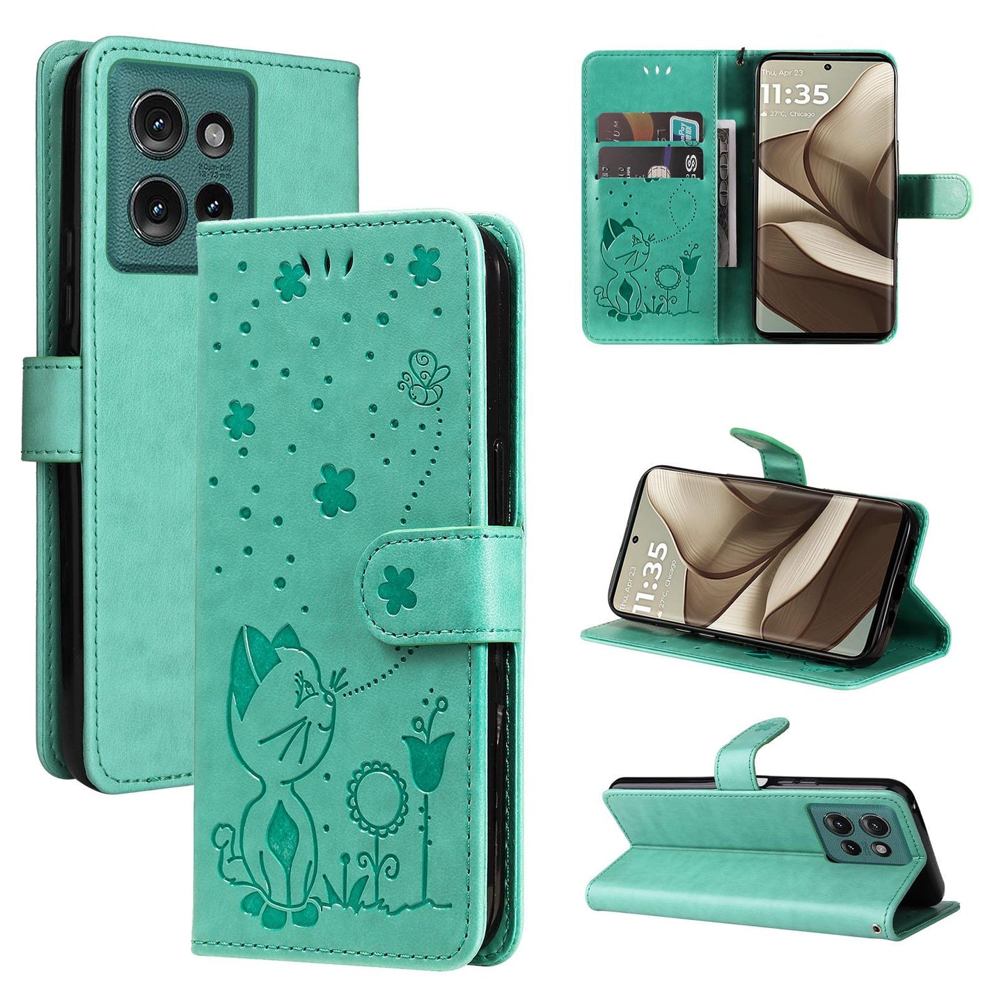 For OPPO A60 5G Cat and Bee Embossed Flip Leather Phone Case Wallet Cover with Card Slots Cash Pocket Magnetic Stand Protective Shockproof TPU PU Leather Case with Wrist Strap