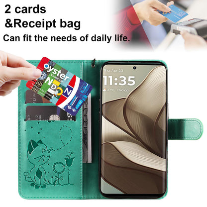 For OPPO A60 5G Cat and Bee Embossed Flip Leather Phone Case Wallet Cover with Card Slots Cash Pocket Magnetic Stand Protective Shockproof TPU PU Leather Case with Wrist Strap