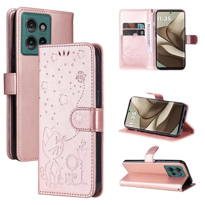 For OPPO A60 5G Cat and Bee Embossed Flip Leather Phone Case Wallet Cover with Card Slots Cash Pocket Magnetic Stand Protective Shockproof TPU PU Leather Case with Wrist Strap