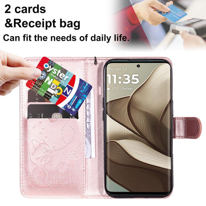 For OPPO A40 4G Cat and Bee Embossed Flip Leather Phone Case Wallet Cover with Card Slots Cash Pocket Magnetic Stand Protective Shockproof TPU PU Leather Case with Wrist Strap