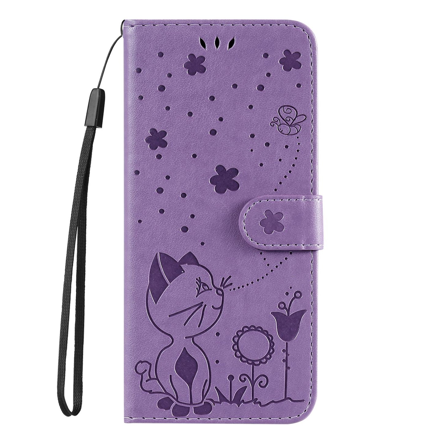 For OPPO A60 5G Cat and Bee Embossed Flip Leather Phone Case Wallet Cover with Card Slots Cash Pocket Magnetic Stand Protective Shockproof TPU PU Leather Case with Wrist Strap