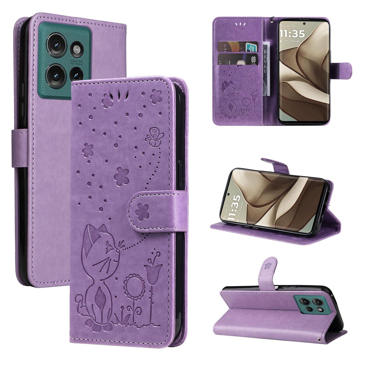 For OPPO A40 4G Cat and Bee Embossed Flip Leather Phone Case Wallet Cover with Card Slots Cash Pocket Magnetic Stand Protective Shockproof TPU PU Leather Case with Wrist Strap