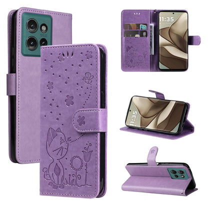 For OPPO A40 4G Cat and Bee Embossed Flip Leather Phone Case Wallet Cover with Card Slots Cash Pocket Magnetic Stand Protective Shockproof TPU PU Leather Case with Wrist Strap