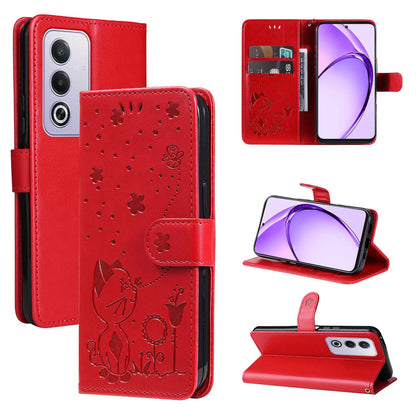 For OPPO K12X 5G Cat and Bee Embossed Flip Leather Phone Case Wallet Cover with Card Slots Cash Pocket Magnetic Stand Protective Shockproof TPU PU Leather Case with Wrist Strap