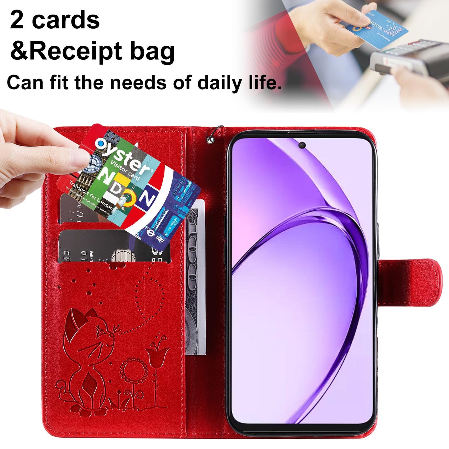 For OPPO K12X 5G Cat and Bee Embossed Flip Leather Phone Case Wallet Cover with Card Slots Cash Pocket Magnetic Stand Protective Shockproof TPU PU Leather Case with Wrist Strap