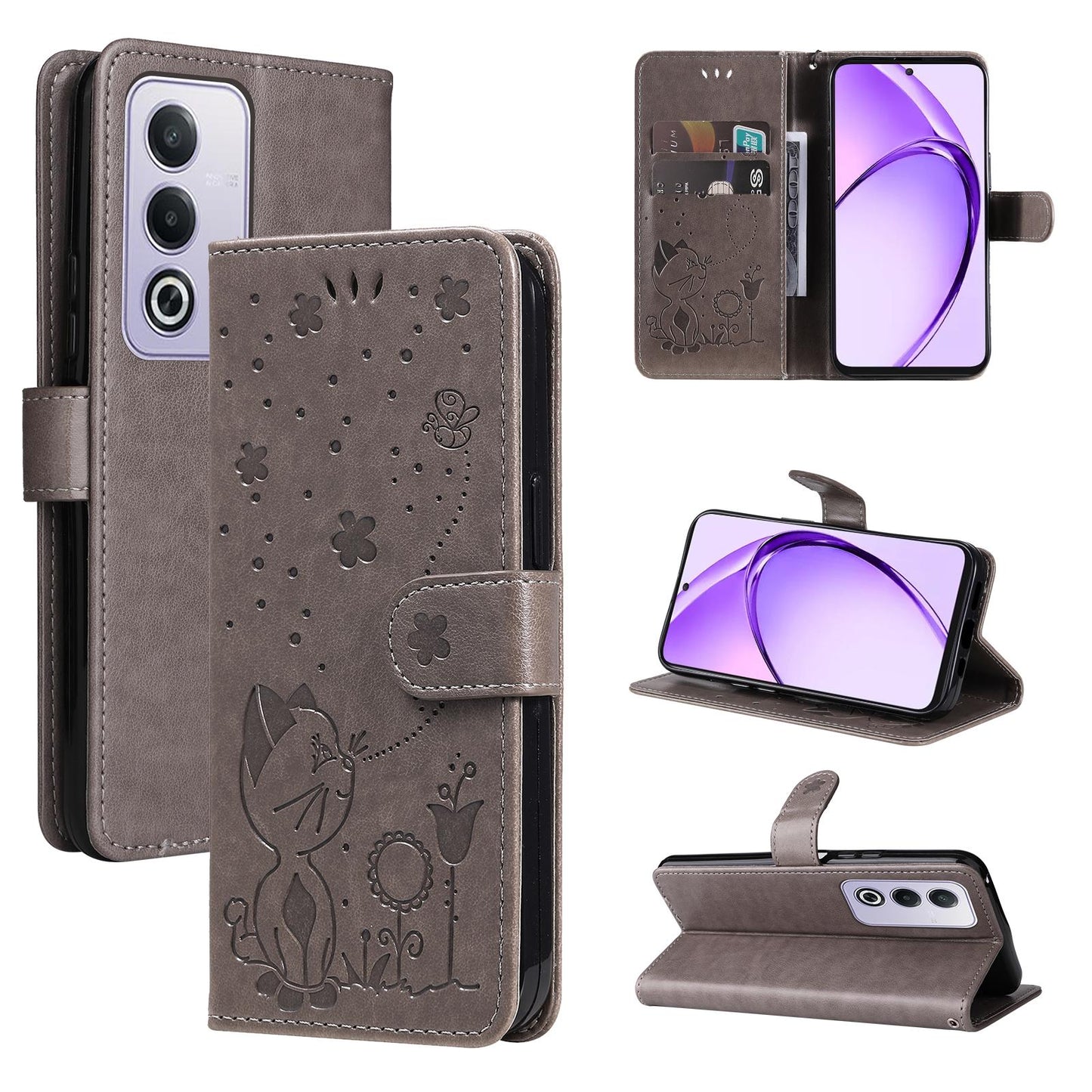 For OPPO K12X 5G Cat and Bee Embossed Flip Leather Phone Case Wallet Cover with Card Slots Cash Pocket Magnetic Stand Protective Shockproof TPU PU Leather Case with Wrist Strap