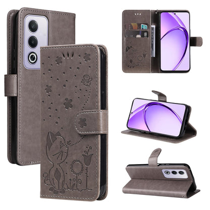 For OPPO K12X 5G Cat and Bee Embossed Flip Leather Phone Case Wallet Cover with Card Slots Cash Pocket Magnetic Stand Protective Shockproof TPU PU Leather Case with Wrist Strap