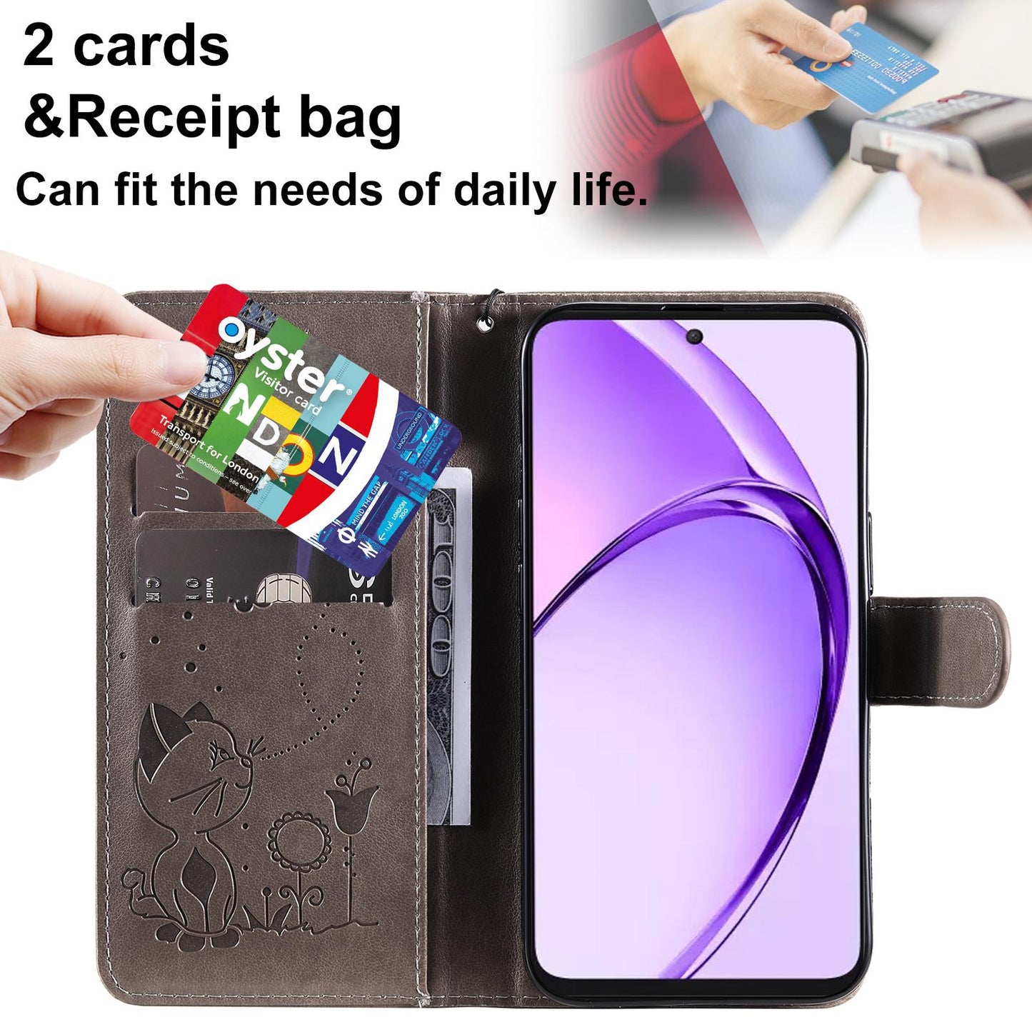 For OPPO K12X 5G Cat and Bee Embossed Flip Leather Phone Case Wallet Cover with Card Slots Cash Pocket Magnetic Stand Protective Shockproof TPU PU Leather Case with Wrist Strap