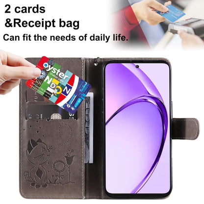 For OPPO K12X 5G Cat and Bee Embossed Flip Leather Phone Case Wallet Cover with Card Slots Cash Pocket Magnetic Stand Protective Shockproof TPU PU Leather Case with Wrist Strap
