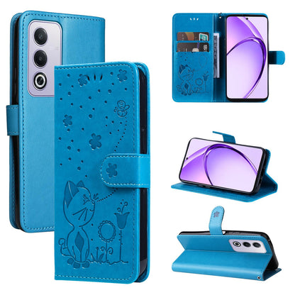 For OPPO K12X 5G Cat and Bee Embossed Flip Leather Phone Case Wallet Cover with Card Slots Cash Pocket Magnetic Stand Protective Shockproof TPU PU Leather Case with Wrist Strap