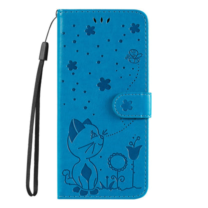 For OPPO K12X 5G Cat and Bee Embossed Flip Leather Phone Case Wallet Cover with Card Slots Cash Pocket Magnetic Stand Protective Shockproof TPU PU Leather Case with Wrist Strap