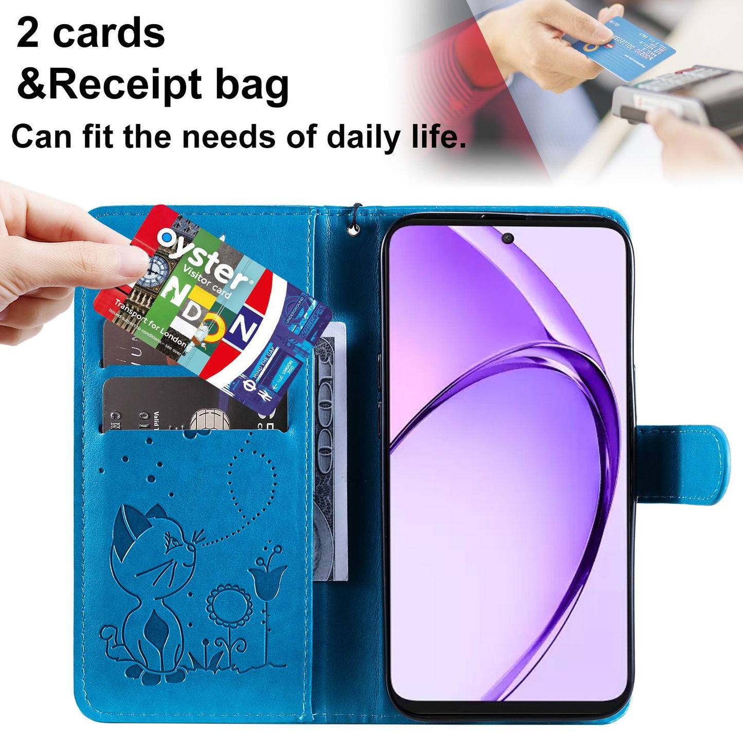 For OPPO K12X 5G Cat and Bee Embossed Flip Leather Phone Case Wallet Cover with Card Slots Cash Pocket Magnetic Stand Protective Shockproof TPU PU Leather Case with Wrist Strap