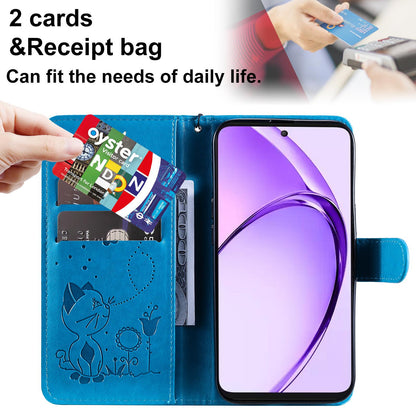 For OPPO K12X 5G Cat and Bee Embossed Flip Leather Phone Case Wallet Cover with Card Slots Cash Pocket Magnetic Stand Protective Shockproof TPU PU Leather Case with Wrist Strap