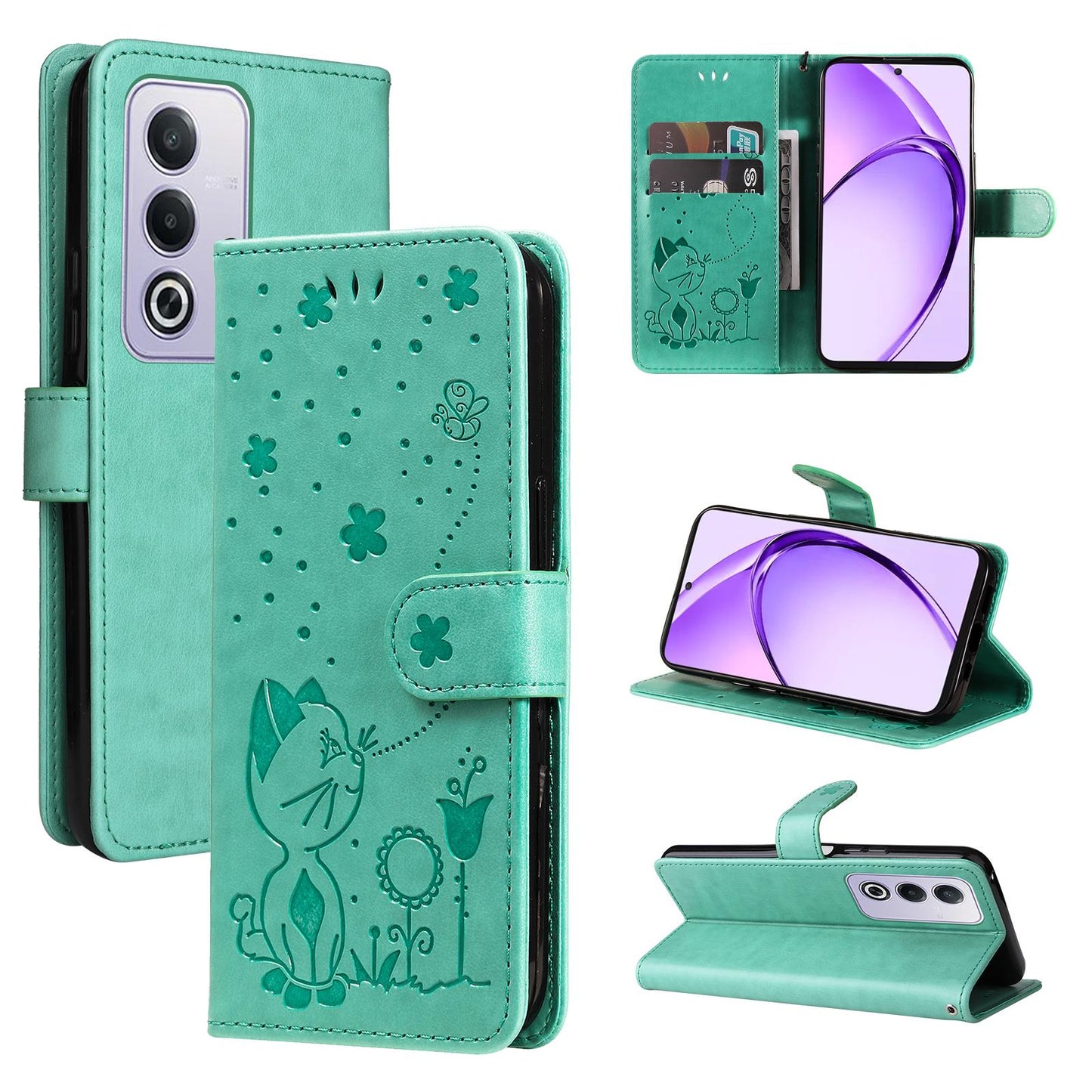 For OPPO K12X 5G Cat and Bee Embossed Flip Leather Phone Case Wallet Cover with Card Slots Cash Pocket Magnetic Stand Protective Shockproof TPU PU Leather Case with Wrist Strap