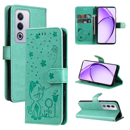 For OPPO K12X 5G Cat and Bee Embossed Flip Leather Phone Case Wallet Cover with Card Slots Cash Pocket Magnetic Stand Protective Shockproof TPU PU Leather Case with Wrist Strap