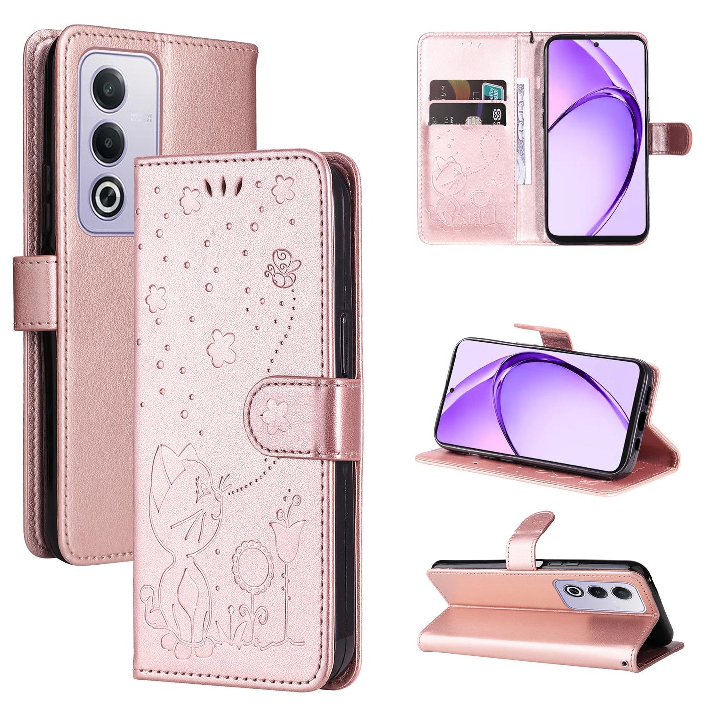 For OPPO K12X 5G Cat and Bee Embossed Flip Leather Phone Case Wallet Cover with Card Slots Cash Pocket Magnetic Stand Protective Shockproof TPU PU Leather Case with Wrist Strap
