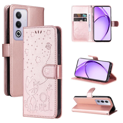 For OPPO K12X 5G Cat and Bee Embossed Flip Leather Phone Case Wallet Cover with Card Slots Cash Pocket Magnetic Stand Protective Shockproof TPU PU Leather Case with Wrist Strap