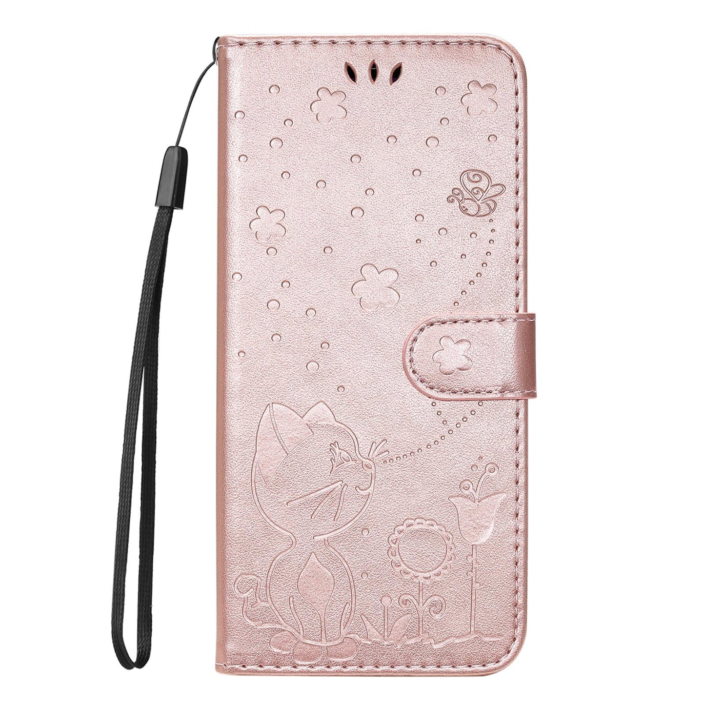 For OPPO K12X 5G Cat and Bee Embossed Flip Leather Phone Case Wallet Cover with Card Slots Cash Pocket Magnetic Stand Protective Shockproof TPU PU Leather Case with Wrist Strap