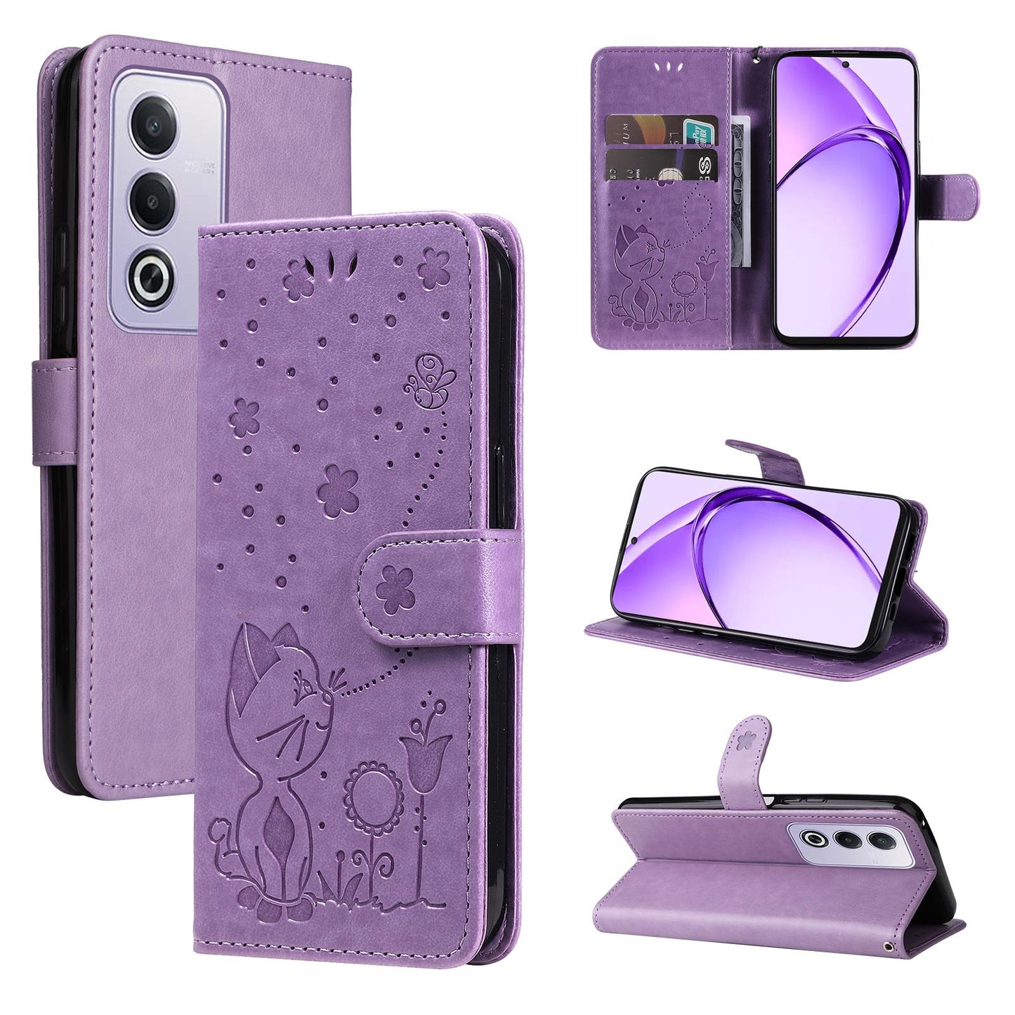 For OPPO K12X 5G Cat and Bee Embossed Flip Leather Phone Case Wallet Cover with Card Slots Cash Pocket Magnetic Stand Protective Shockproof TPU PU Leather Case with Wrist Strap