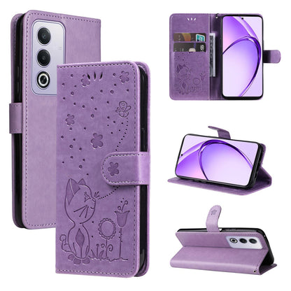 For OPPO K12X 5G Cat and Bee Embossed Flip Leather Phone Case Wallet Cover with Card Slots Cash Pocket Magnetic Stand Protective Shockproof TPU PU Leather Case with Wrist Strap