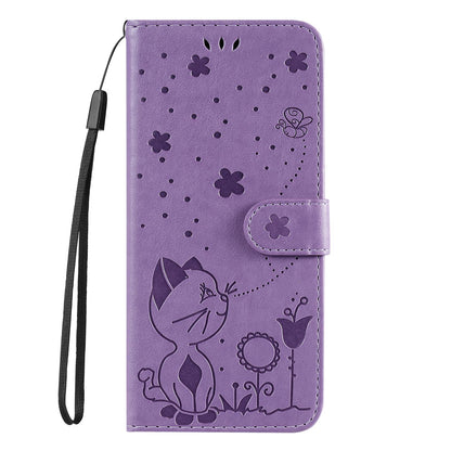For OPPO K12X 5G Cat and Bee Embossed Flip Leather Phone Case Wallet Cover with Card Slots Cash Pocket Magnetic Stand Protective Shockproof TPU PU Leather Case with Wrist Strap