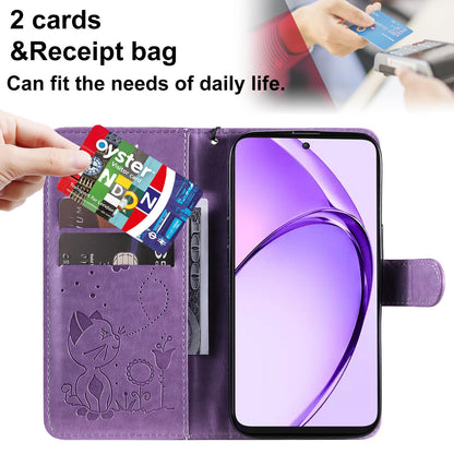 For OPPO K12X 5G Cat and Bee Embossed Flip Leather Phone Case Wallet Cover with Card Slots Cash Pocket Magnetic Stand Protective Shockproof TPU PU Leather Case with Wrist Strap