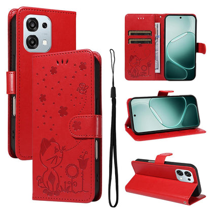For OPPO A6 Pro 4G Cat and Bee Embossed Flip Leather Phone Case Wallet Cover with Card Slots Cash Pocket Magnetic Stand Protective Shockproof TPU PU Leather Case with Wrist Strap