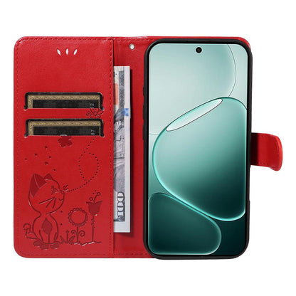 For OPPO A6 Pro 5G Cat and Bee Embossed Flip Leather Phone Case Wallet Cover with Card Slots Cash Pocket Magnetic Stand Protective Shockproof TPU PU Leather Case with Wrist Strap