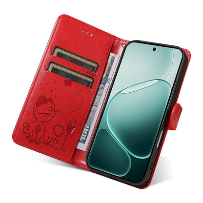 For OPPO A6 Pro 5G Cat and Bee Embossed Flip Leather Phone Case Wallet Cover with Card Slots Cash Pocket Magnetic Stand Protective Shockproof TPU PU Leather Case with Wrist Strap
