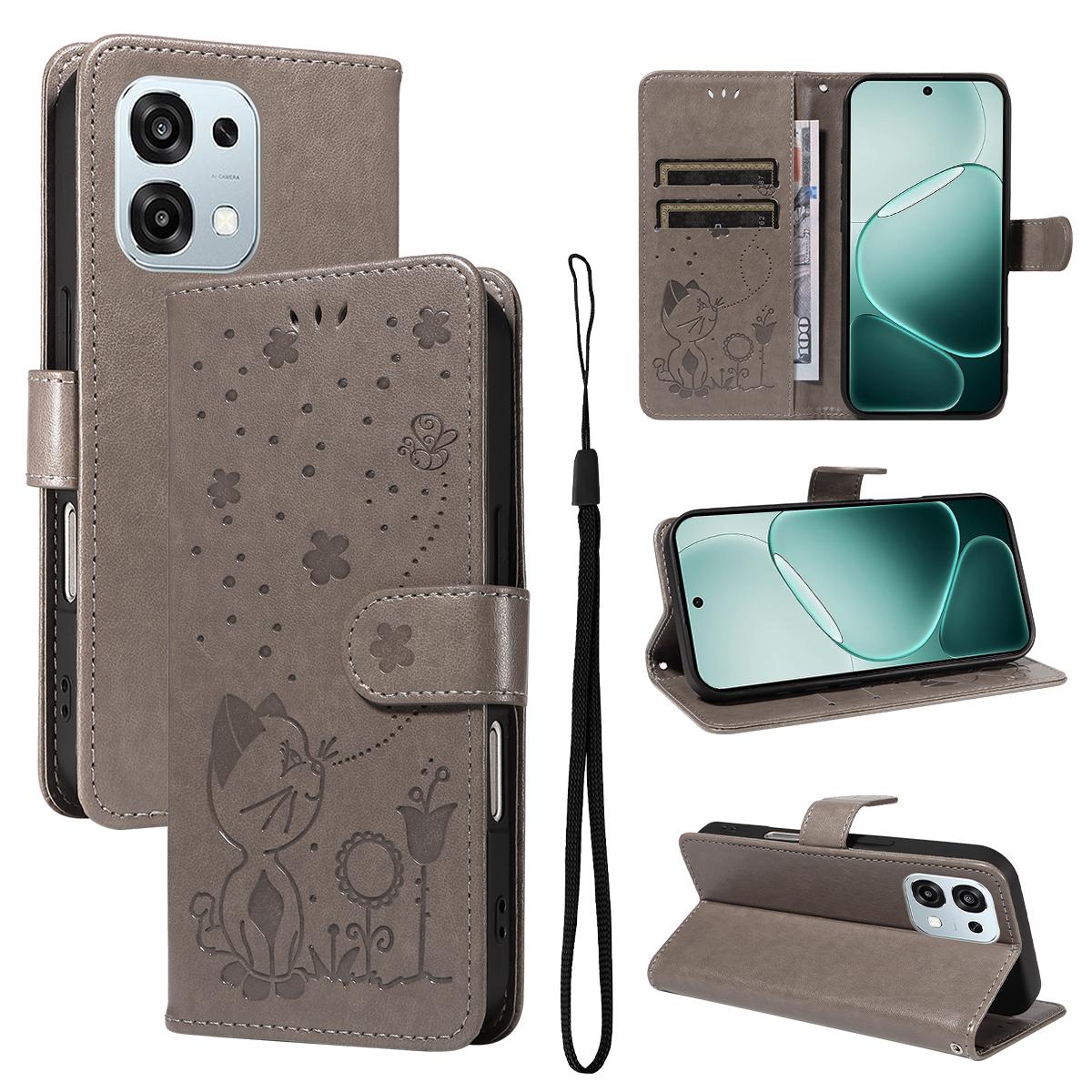 For OPPO A6 Pro 4G Cat and Bee Embossed Flip Leather Phone Case Wallet Cover with Card Slots Cash Pocket Magnetic Stand Protective Shockproof TPU PU Leather Case with Wrist Strap
