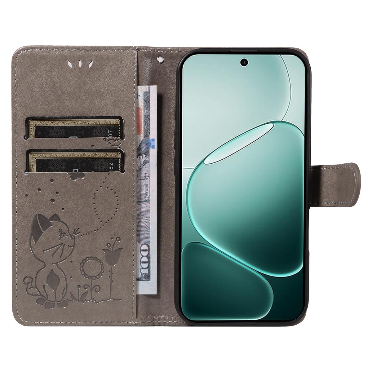 For OPPO A6 Pro 5G Cat and Bee Embossed Flip Leather Phone Case Wallet Cover with Card Slots Cash Pocket Magnetic Stand Protective Shockproof TPU PU Leather Case with Wrist Strap