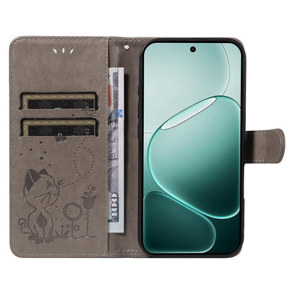 For OPPO A6 Pro 5G Cat and Bee Embossed Flip Leather Phone Case Wallet Cover with Card Slots Cash Pocket Magnetic Stand Protective Shockproof TPU PU Leather Case with Wrist Strap