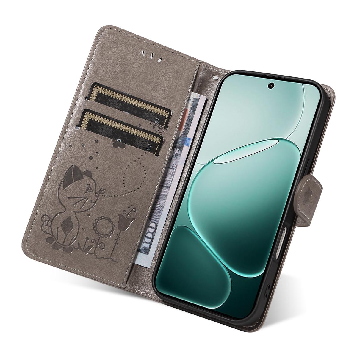 For OPPO A6 Pro 4G Cat and Bee Embossed Flip Leather Phone Case Wallet Cover with Card Slots Cash Pocket Magnetic Stand Protective Shockproof TPU PU Leather Case with Wrist Strap