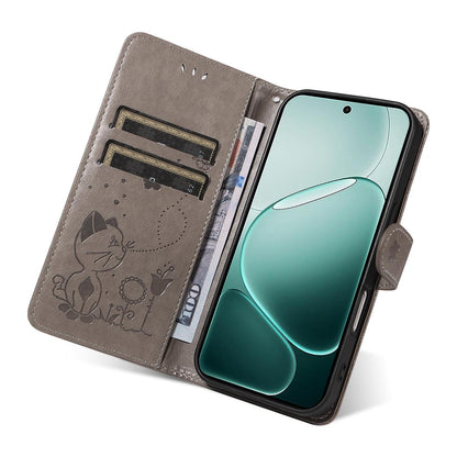For OPPO A6 Pro 5G Cat and Bee Embossed Flip Leather Phone Case Wallet Cover with Card Slots Cash Pocket Magnetic Stand Protective Shockproof TPU PU Leather Case with Wrist Strap