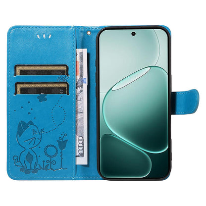 For OPPO A6 Pro 4G Cat and Bee Embossed Flip Leather Phone Case Wallet Cover with Card Slots Cash Pocket Magnetic Stand Protective Shockproof TPU PU Leather Case with Wrist Strap