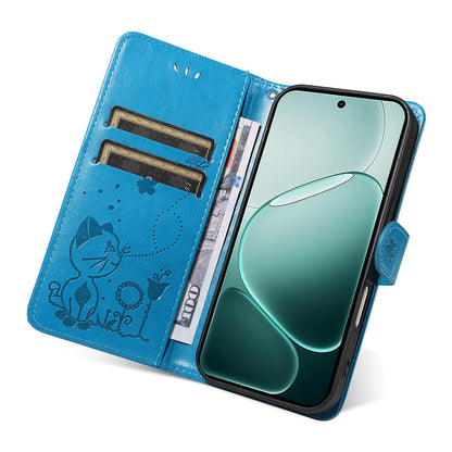 For OPPO A6 Pro 4G Cat and Bee Embossed Flip Leather Phone Case Wallet Cover with Card Slots Cash Pocket Magnetic Stand Protective Shockproof TPU PU Leather Case with Wrist Strap