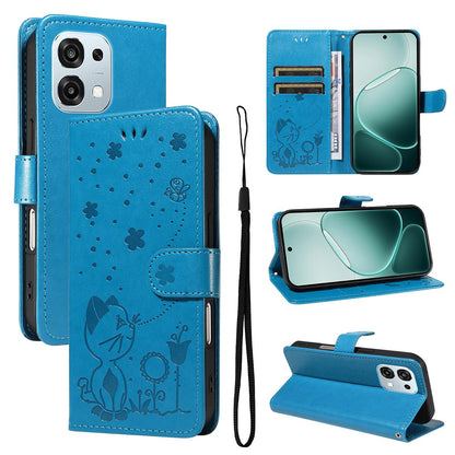 For OPPO A6 Pro 5G Cat and Bee Embossed Flip Leather Phone Case Wallet Cover with Card Slots Cash Pocket Magnetic Stand Protective Shockproof TPU PU Leather Case with Wrist Strap
