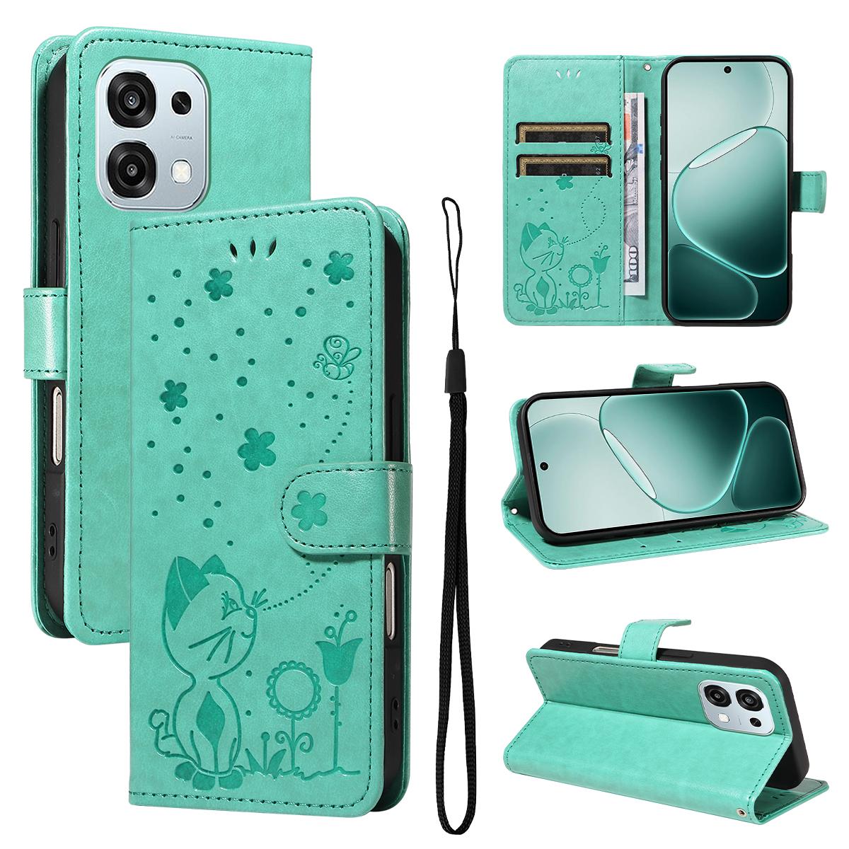 For OPPO A6 Pro 4G Cat and Bee Embossed Flip Leather Phone Case Wallet Cover with Card Slots Cash Pocket Magnetic Stand Protective Shockproof TPU PU Leather Case with Wrist Strap